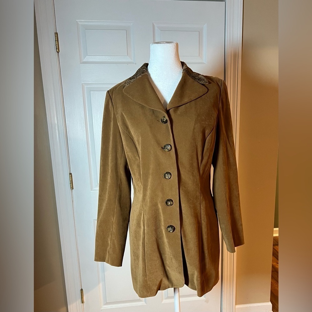 VGT Liz Claiborne Dresses Womens Size 10 Brown Coat With Leopard Print Collar - Picture 1 of 10